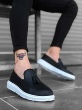 BA0005 Bağcıksız Yüksek Taban Siyah Beyaz Klasik Püsküllü Corcik Erkek Ayakkabı thumbnail 3