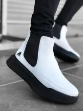 BA0150 Bağcıksız Bantlı Erkek Yüksek Taban Beyaz Siyah Taban Spor Bot - 3