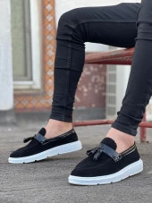 BA0005 Bağcıksız Yüksek Taban Siyah Beyaz Taban Kemerli Klasik Püsküllü Corcik Erkek Ayakkabı thumbnail 1