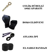 Desfabe Boxing Star 70x25 Cm Zincirli Boks Kum Torbası Siyah+Askı Aparatı+Boks Eldiveni+El Bandajı+Atlama İpi - 2
