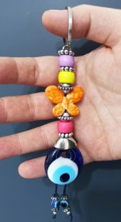Nazar Boncuklu Turuncu Kelebekli Renkli Boncuklu Anahtarlık - 1