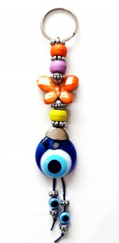Nazar Boncuklu Turuncu Kelebekli Renkli Boncuklu Anahtarlık - 2