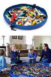 Çocuk Oyuncak Hurcu Mavi Çanta Oyun Halısı Lego Puzzle ve Yapboz Eğitici Oyuncaklar Sepeti - 3