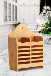 Bambu Dik Kaşıklık Bölmeli Bambu Diş Fırçalık Bamboo Bıçak Çatal Kaşık Tutacağı - 1