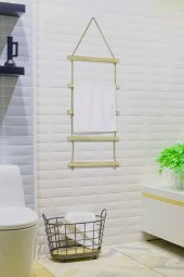 Towel Jüt Merdiven 5 Katlı Ahşap Banyo Mutfak Havlu Askısı Dekoratif Halat Havluluk - 4