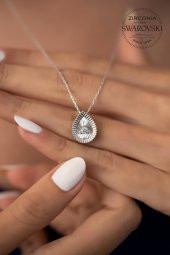 Swarovski Taşlı Damla Model Kristal Kesim Gümüş Zirconia Kolye - 5