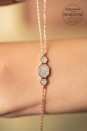 Swarovski Taşlı Geometrik Model Rose Kaplama Gümüş Zirconia Bileklik - 1