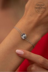 Swarovski Taşlı Yuvarlak ve Tektaş Model Rose Kaplama Gümüş Zirconia Bileklik - 2