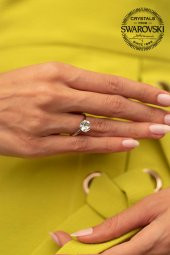 Swarovski Taşlı Tektaş Model Gümüş Crystal Yüzük - 2