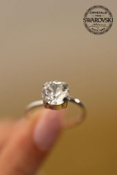 Swarovski Taşlı Tektaş Model Gümüş Crystal Yüzük - 3