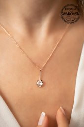 Swarovski Taşlı Çubuk ve Tektaş Model Rose Kaplama Gümüş Crystal Kolye - 2