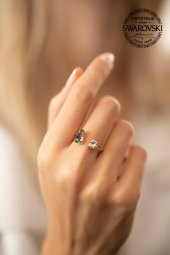 Swarovski Taşlı Damla ve Tektaş Model Rose Kaplama Gümüş Crystal Yüzük - 1