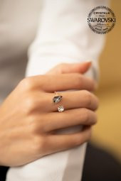 Swarovski Taşlı Damla ve Tektaş Model Rose Kaplama Gümüş Crystal Yüzük - 2