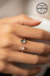Swarovski Taşlı Damla ve Tektaş Model Rose Kaplama Gümüş Crystal Yüzük - 4