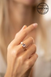 Swarovski Taşlı Çift Taş Model Rose Kaplama Gümüş Crystal Yüzük - 1