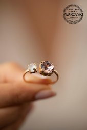 Swarovski Taşlı Çift Taş Model Rose Kaplama Gümüş Crystal Yüzük - 3