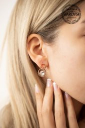 Swarovski Taşlı Çift Halka Model Rose Kaplama Gümüş Crystal Küpe - 2