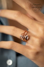 Swarovski Taşlı İkili Göz Model Rose Kaplama Gümüş Zirconia Yüzük - 3