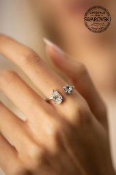 Swarovski Taşlı Damla ve Tektaş Model Gümüş Crystal Yüzük - 3
