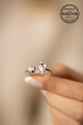 Swarovski Taşlı Damla ve Tektaş Model Gümüş Crystal Yüzük - 4