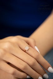 Swarovski Taşlı Kare Model Rose Kaplama Gümüş Zirconia Yüzük - 3