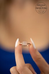 Swarovski Taşlı Kare Model Rose Kaplama Gümüş Zirconia Yüzük - 4