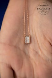 Swarovski Taşlı Dikdörtgen Model Gümüş Rose Zirconia Kolye - 5