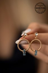 Swarovski Taşlı Halka ve Çubuk Model Rose Kaplama Gümüş Crystal Küpe - 3