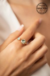 Swarovski Taşlı Çift Taş Model Rose Kaplama Gümüş Crystal Yüzük - 2