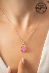 Swarovski Taşlı Damla Model Rose Kaplama Gümüş Crystal Kolye - 1
