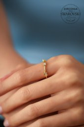 Swarovski Taşlı Üçlü Model Altın Kaplama Gümüş Zirconia Yüzük - 1