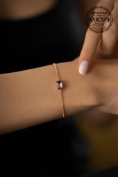 Swarovski Taşlı Baget Model Rose Kaplama Gümüş Crystal Bileklik - 1