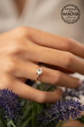 Swarovski Taşlı Tektaş Model Rose Kaplama Gümüş Crystal Yüzük - 4