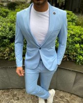 Buz Mavi Renk Spor Takım Elbise Sivri Yaka Slim Fit | Agustini - 1