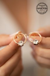 Swarovski Taşlı Halka ve Tektaş Model Rose Kaplama Gümüş Crystal Küpe - 3