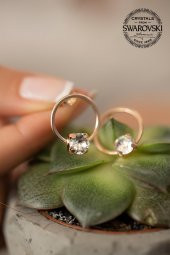 Swarovski Taşlı Halka ve Tektaş Model Rose Kaplama Gümüş Crystal Küpe - 4