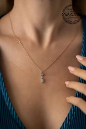 Swarovski Taşlı Çubuk ve Tektaş Model Rose Kaplama Gümüş Crystal Kolye - 1