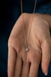Swarovski Taşlı Çubuk ve Tektaş Model Rose Kaplama Gümüş Crystal Kolye - 4