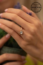 Swarovski Taşlı Tektaş Model Rose Kaplama Gümüş Crystal Yüzük - 2
