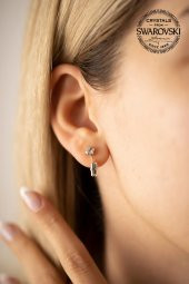Swarovski Taşlı Tektaş ve Çubuk Model Rose Kaplama Gümüş Crystal Küpe - 2