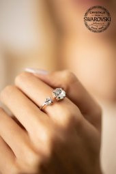 Swarovski Taşlı İki Taş Model Gümüş Crystal Yüzük - 1