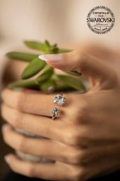 Swarovski Taşlı İki Taş Model Gümüş Crystal Yüzük - 2