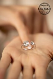 Swarovski Taşlı İki Taş Model Gümüş Crystal Yüzük - 4