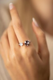 Swarovski Taşlı İki Taş Model Gümüş Crystal Yüzük - 3