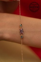 Swarovski Taşlı Baget Model Rose Kaplama Gümüş Crystal Bileklik - 1