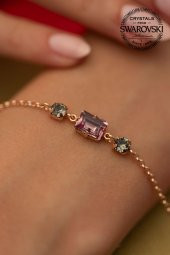 Swarovski Taşlı Baget Model Rose Kaplama Gümüş Crystal Bileklik - 3