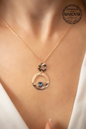 Swarovski Taşlı Çift Halka ve Tektaş Model Rose Kaplama Gümüş Crystal Kolye - 1