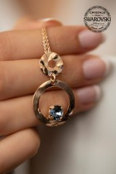 Swarovski Taşlı Çift Halka ve Tektaş Model Rose Kaplama Gümüş Crystal Kolye - 3