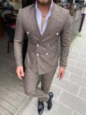 Kahverengi Bej Çizgili,Kruvaze Takım Elbise Slim Fit İtalyan Stil | Agustini - 1