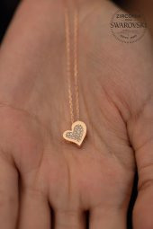 Swarovski Taşlı Kalp Model Rose Kaplama Gümüş Zirconia Kolye thumbnail 3